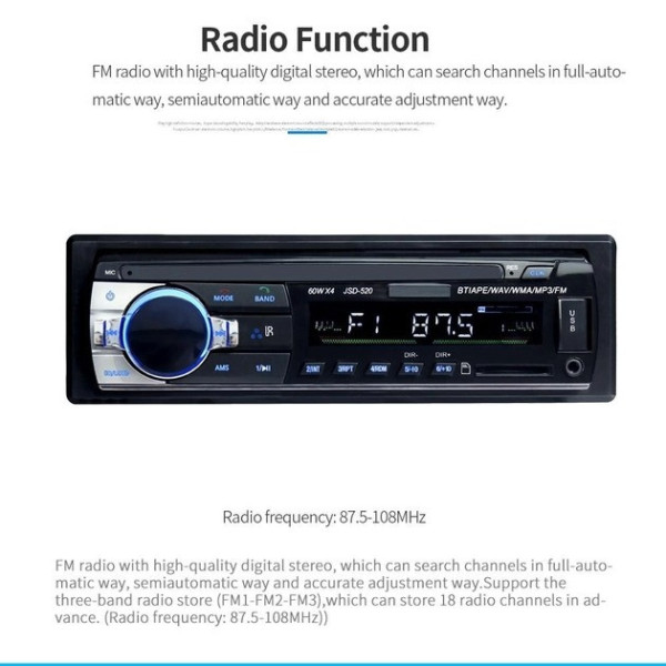Автомагнитола 1DIN Podofo JSD 520 AUX USB Bluetooth 4х60W Черная
