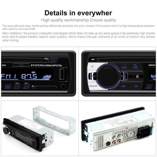 Автомагнитола 1DIN Podofo JSD 520 AUX USB Bluetooth 4х60W Черная