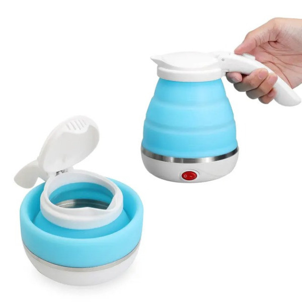 Складной электрочайник Electric Kettle силиконовый походный дорожный голубой 600 мл