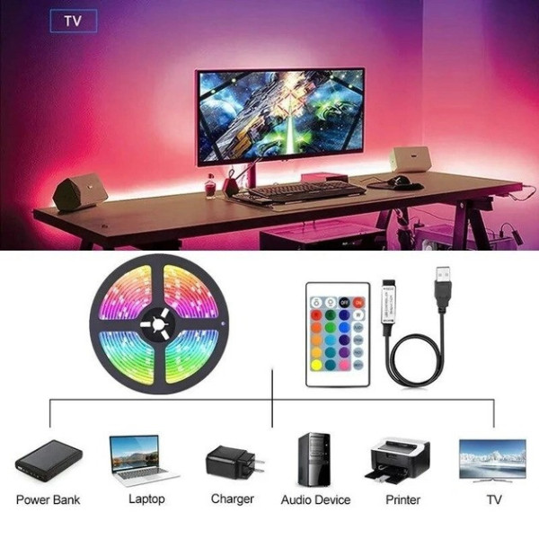 Cветодиодная лента 2 м разноцветная RGB 5050 самоклеящаяся с пультом управления для фоновой для подстветки