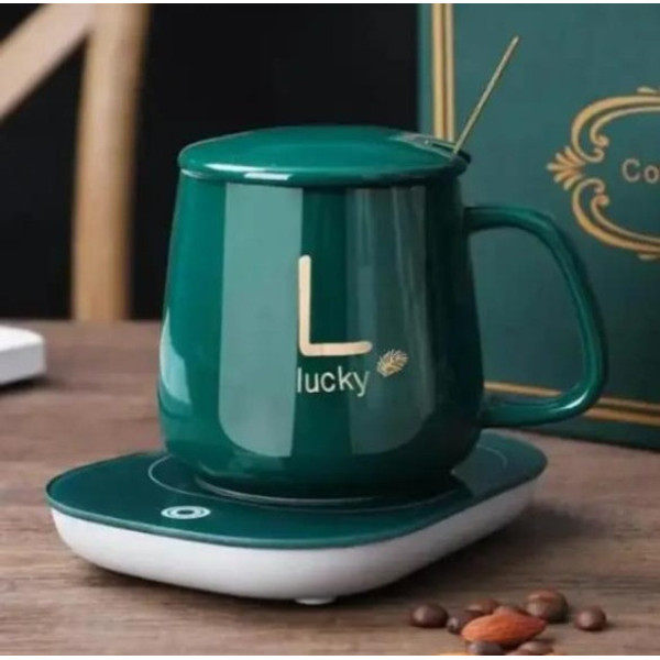 Кружка Lucky 400мл с подогревом от USB с крышкой / Чашка на подставке с ложкой