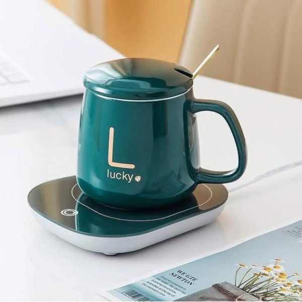 Кружка Lucky 400мл с подогревом от USB с крышкой / Чашка на подставке с ложкой