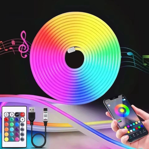 Гибкая неоновая лента 5 метров USB, управление с телефона + пульт с Bluetooth приложением