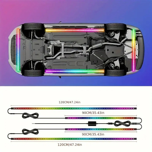 Подсветка днища авто LED RGB Bluetooth 12V комплект 2 ленты 90см и 120см