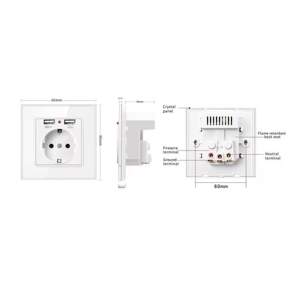 Розетка WH034W SIXWGH с двумя USB портами и заземлением