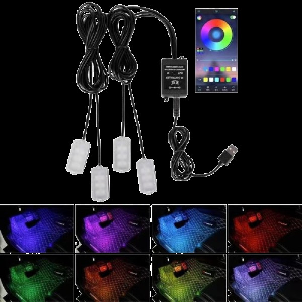 RGB подсветка салона авто LED подсветка ног в машину 4 шт USB Bluetooth APP