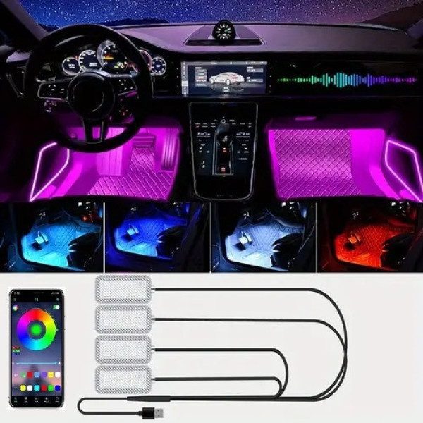 RGB подсветка салона авто LED подсветка ног в машину 4 шт USB Bluetooth APP