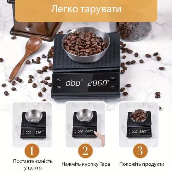 Электронные кухонные весы с таймером и функцией тарирования, точность 0.1 г, максимальная нагрузка 3 кг, черны