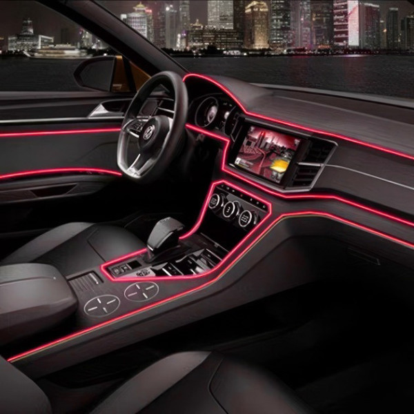 Неоновая гибкая подсветка салона авто 5 м с кантом USB, холодное свечение, красная