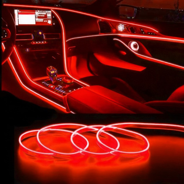 Неоновая гибкая подсветка салона авто 5 м с кантом USB, холодное свечение, красная