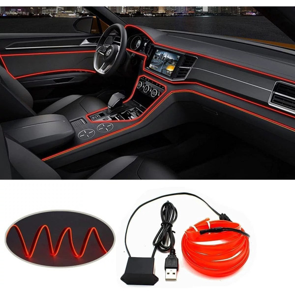 Неоновая гибкая подсветка салона авто 5 м с кантом USB, холодное свечение, красная