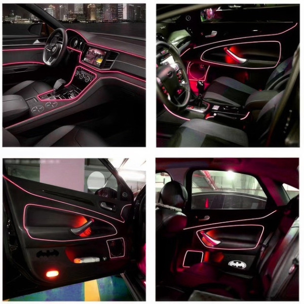 Неоновая гибкая подсветка салона авто 5 м с кантом USB, холодное свечение, красная