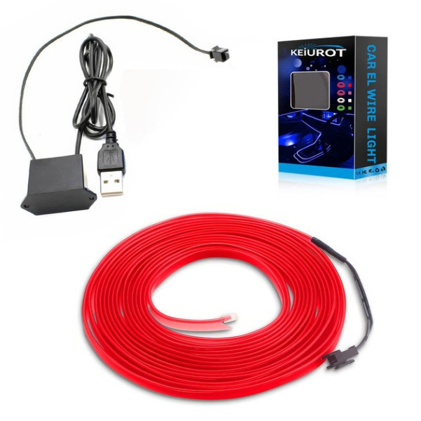 Неоновая гибкая подсветка салона авто 5 м с кантом USB, холодное свечение, красная