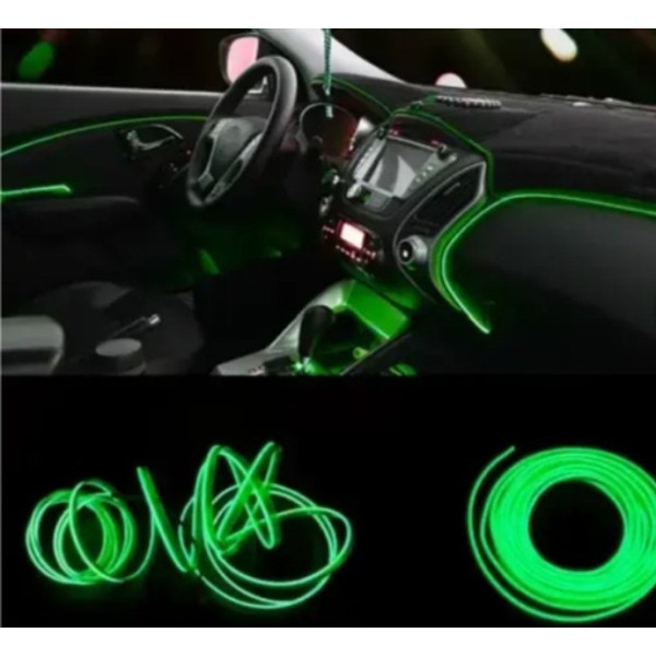 Неоновая гибкая подсветка салона авто 5 м с кантом USB, холодное свечение, зелёная