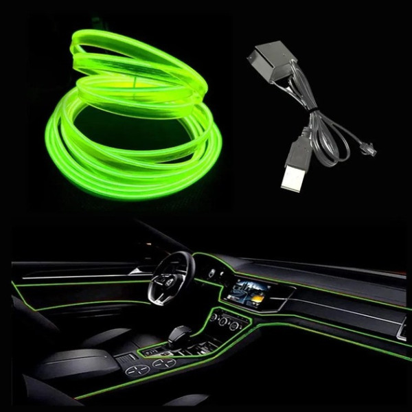 Неоновая гибкая подсветка салона авто 5 м с кантом USB, холодное свечение, зелёная