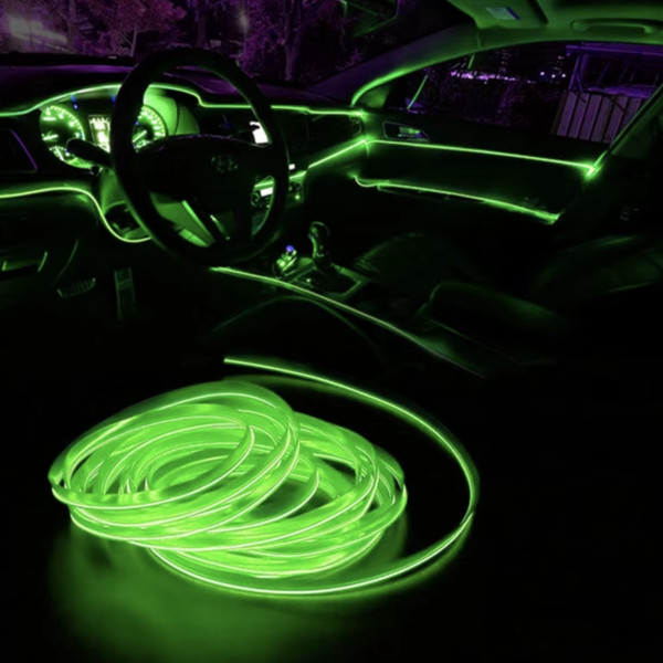 Неоновая гибкая подсветка салона авто 5 м с кантом USB, холодное свечение, зелёная