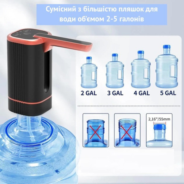 Электрический аккумуляторный насос-диспенсер для воды BRS 1200 мАч с USB Type-C зарядкой для бутылей 5/10/19 л