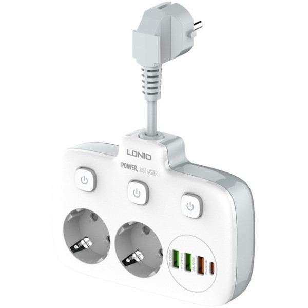Сетевой фильтр-удлинитель LDNIO SE2435, 2500 Вт, 2 розетки, 3 USB, 1 Type-C QC/PD, защита и выключатели