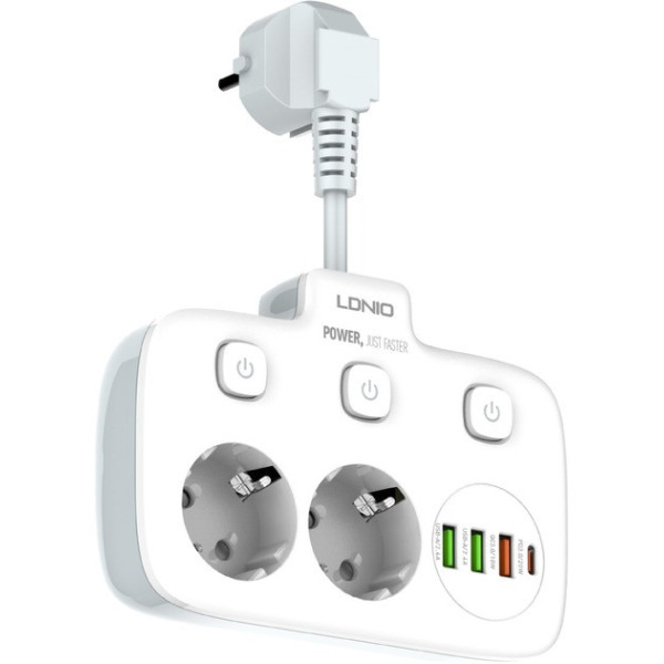 Сетевой фильтр-удлинитель LDNIO SE2435, 2500 Вт, 2 розетки, 3 USB, 1 Type-C QC/PD, защита и выключатели