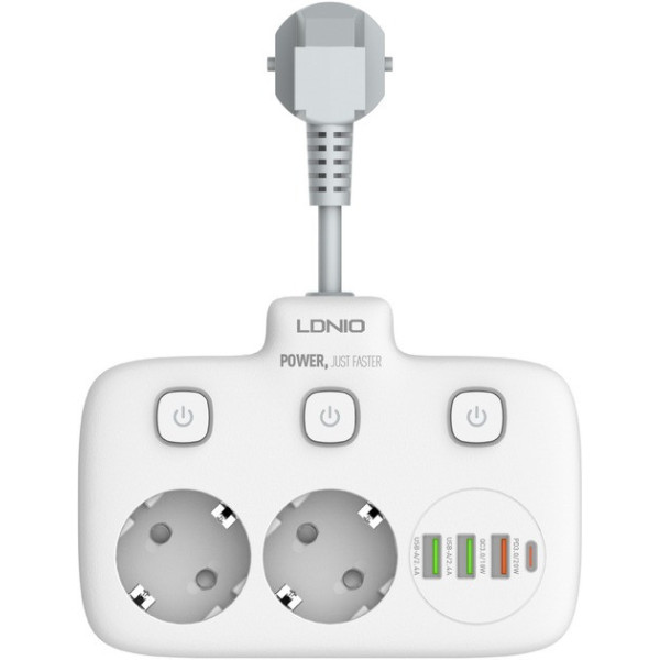 Сетевой фильтр-удлинитель LDNIO SE2435, 2500 Вт, 2 розетки, 3 USB, 1 Type-C QC/PD, защита и выключатели