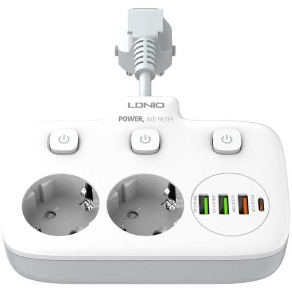 Сетевой фильтр-удлинитель LDNIO SE2435, 2500 Вт, 2 розетки, 3 USB, 1 Type-C QC/PD, защита и выключатели