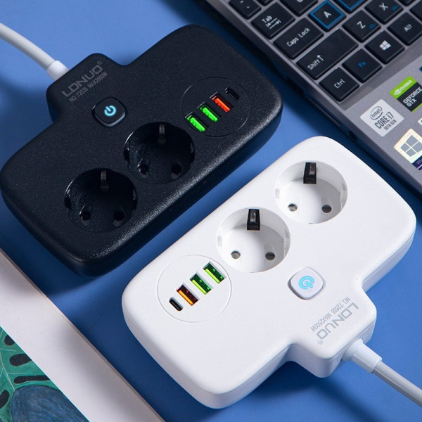 Сетевой фильтр-удлинитель LDNIO SE2435, 2500 Вт, 2 розетки, 3 USB, 1 Type-C QC/PD, защита и выключатели