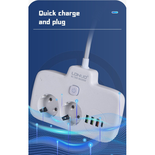 Сетевой фильтр-удлинитель LDNIO SE2435, 2500 Вт, 2 розетки, 3 USB, 1 Type-C QC/PD, защита и выключатели