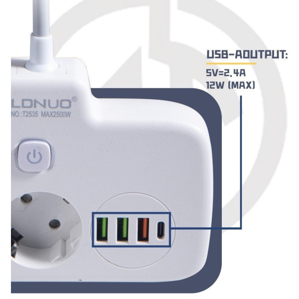 Сетевой фильтр-удлинитель LDNIO SE2435, 2500 Вт, 2 розетки, 3 USB, 1 Type-C QC/PD, защита и выключатели