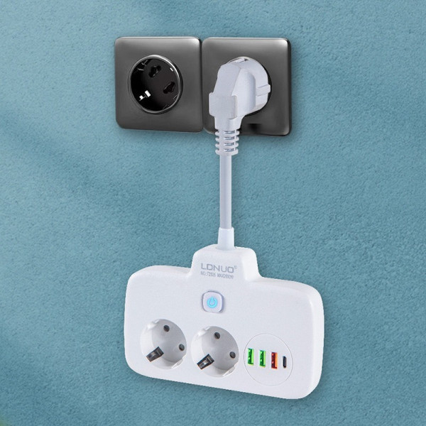 Сетевой фильтр-удлинитель LDNIO SE2435, 2500 Вт, 2 розетки, 3 USB, 1 Type-C QC/PD, защита и выключатели