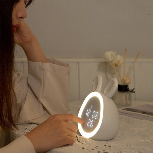 Детские настольные LED-часы Зайчик с сенсорными ушками будильником подсветкой термометром и аккумулятором USB
