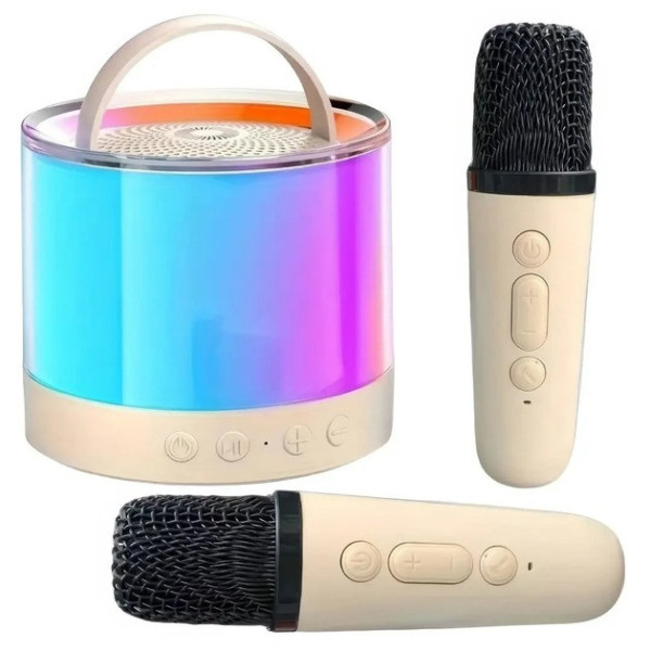 Портативная Bluetooth колонка K52 с 2 караоке микрофонами, бежевый цвет, RGB подсветка,аккумулятор до 12 часов