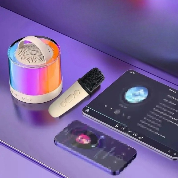 Портативная Bluetooth колонка K52 с 2 караоке микрофонами, бежевый цвет, RGB подсветка,аккумулятор до 12 часов