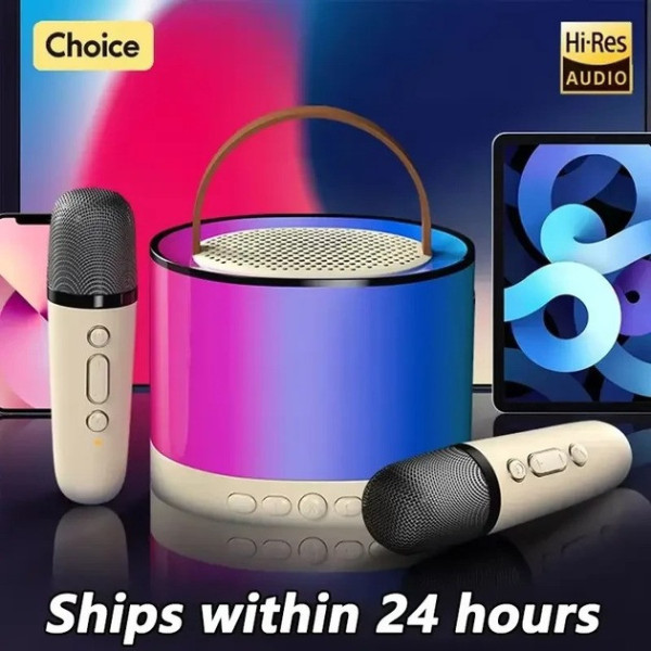 Портативная Bluetooth колонка K52 с 2 караоке микрофонами, бежевый цвет, RGB подсветка,аккумулятор до 12 часов