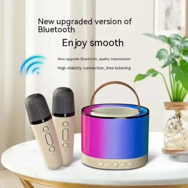 Портативная Bluetooth колонка K52 с 2 караоке микрофонами, бежевый цвет, RGB подсветка,аккумулятор до 12 часов