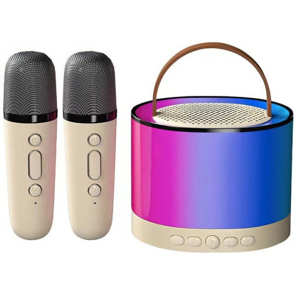 Портативная Bluetooth колонка K52 с 2 караоке микрофонами, бежевый цвет, RGB подсветка,аккумулятор до 12 часов