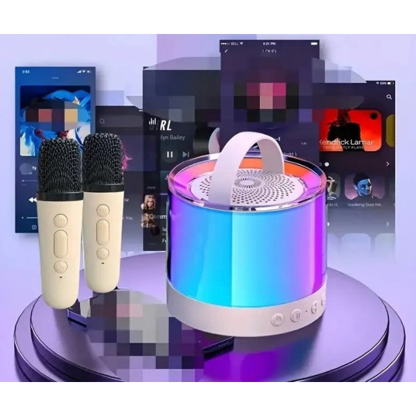Портативная Bluetooth колонка K52 с 2 караоке микрофонами, бежевый цвет, RGB подсветка,аккумулятор до 12 часов