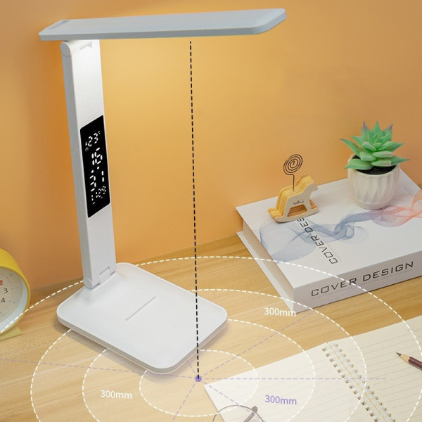 Настольная LED-лампа 868S с аккумулятором, часами, термометром и подставкой для телефона, белая