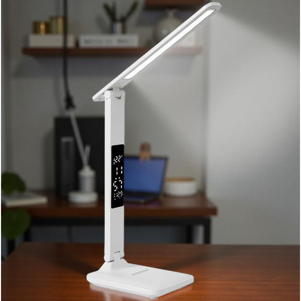 Настольная LED-лампа 868S с аккумулятором, часами, термометром и подставкой для телефона, белая