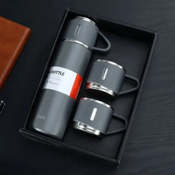 Термос Vacuum Bottle 500 мл с 3 чашками, вакуумная изоляция, нержавеющая сталь, в подарочной упаковке