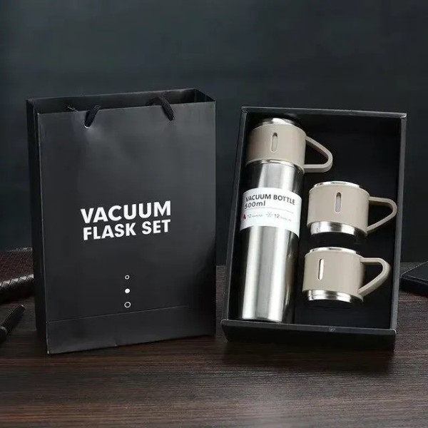 Термос Vacuum Bottle 500 мл с 3 чашками, вакуумная изоляция, нержавеющая сталь, в подарочной упаковке