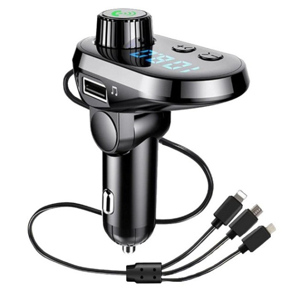 FM модулятор автомобильный Q15-BT Bluetooth с кабелями Type-C, Micro USB, Lightning и быстрой зарядкой