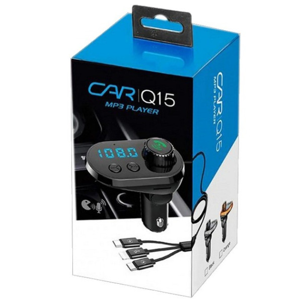 FM модулятор автомобильный Q15-BT Bluetooth с кабелями Type-C, Micro USB, Lightning и быстрой зарядкой