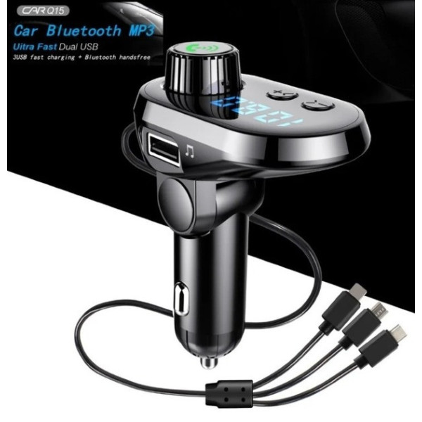 FM модулятор автомобильный Q15-BT Bluetooth с кабелями Type-C, Micro USB, Lightning и быстрой зарядкой