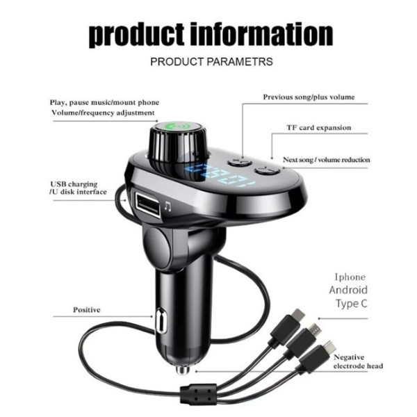 FM модулятор автомобильный Q15-BT Bluetooth с кабелями Type-C, Micro USB, Lightning и быстрой зарядкой