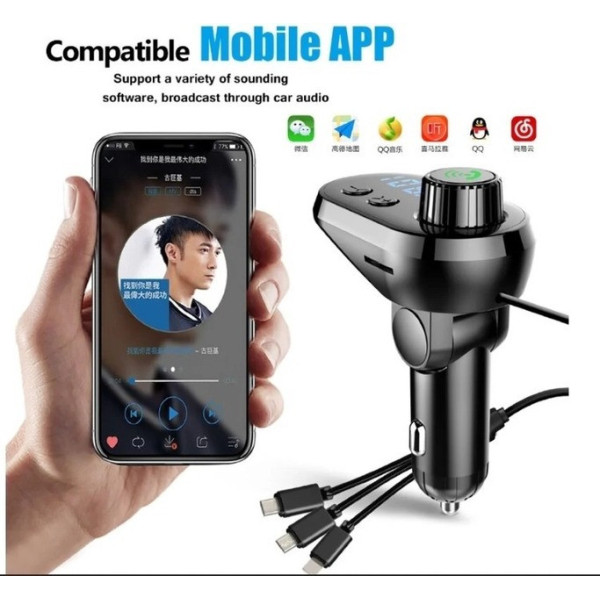 FM модулятор автомобильный Q15-BT Bluetooth с кабелями Type-C, Micro USB, Lightning и быстрой зарядкой