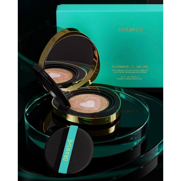 Тональный кушон Drawshe Emerald Crystal Glow увлажняющий, трехцветный, с заменяемым блоком, 24 г