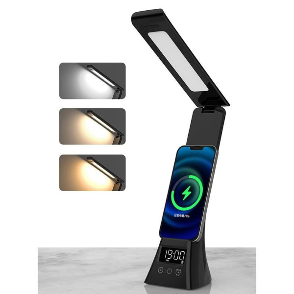 Лампа TYV-2088 настольная LED с цифровыми часами и зарядкой Qi белая