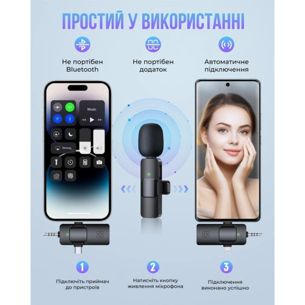 Микрофон K15 Bluetooth петличный 3в1 для записи и трансляций