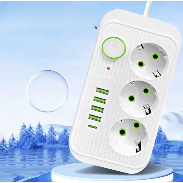 Многофункциональный удлинитель Power Socket F09U с тремя розетками и четырьмя USB, включая Type-C, 2 метра