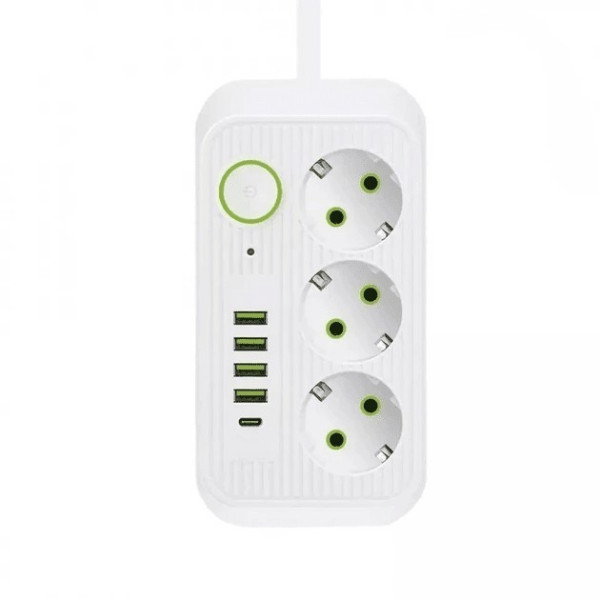 Многофункциональный удлинитель Power Socket F09U с тремя розетками и четырьмя USB, включая Type-C, 2 метра